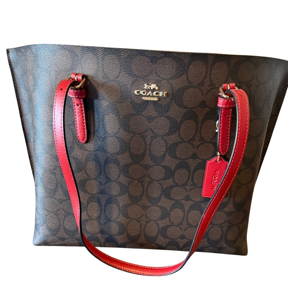 Coach Mollie Tote Signature Canvas Brown Red Leather Shoulder Bag 1665